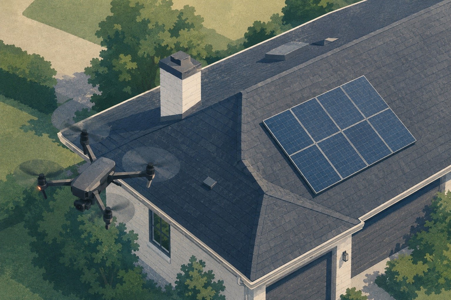 Dronebeeld van een dak en zonnepanelen als voorbeeld van inspecties.