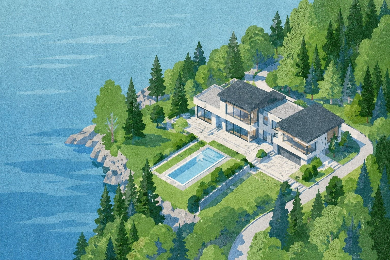 Luchtbeeld van een villa als voorbeeld van vastgoedfotografie.