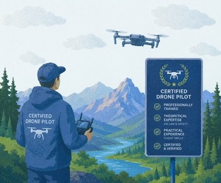 Gecertificeerde dronepiloot met controller in een berglandschap.