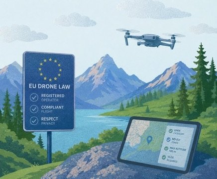 Drone bij een EU drone law bord en vluchtplanner.