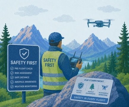 Dronepiloot met veiligheidsvest en safety first bord.